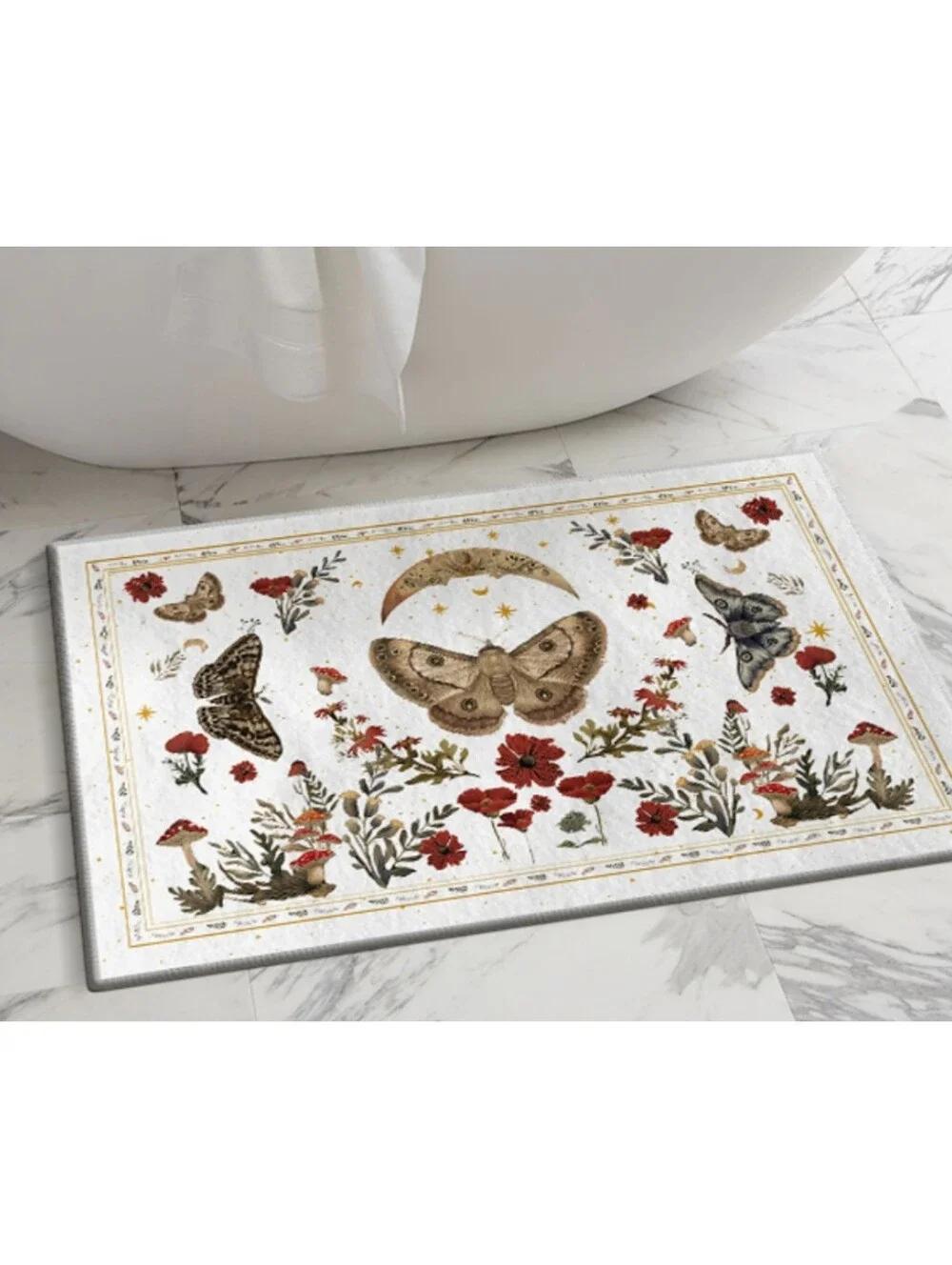 NWT 2'x3' Poppy Mushroom Moth Bath Mat Door Mat Non-Slip In White/Burgundy